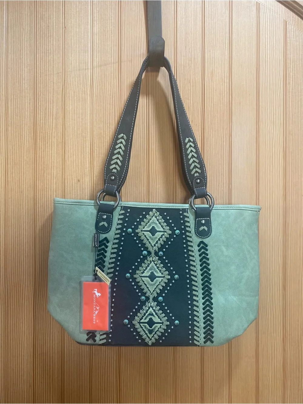 NWT Montana West Sage Green Leather Tote with Aztec Embroidery and Brown Accents